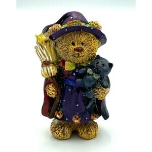 Vtg Homco Bear Figurine Witch Costume w/ Black Cat & Broom 4" H Halloween Resin
